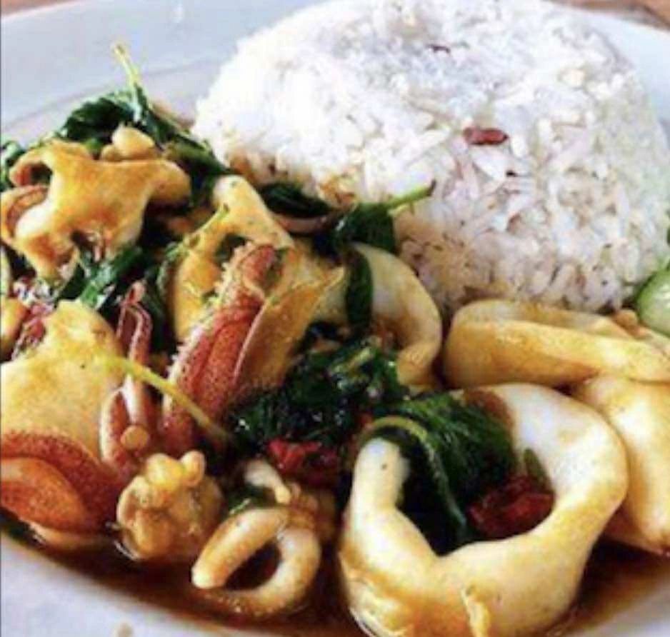 Squid stir-fry served with rice at Baan Rao